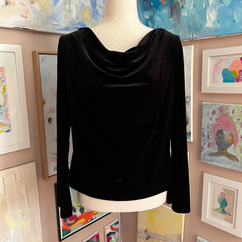 Whimsygoth Briggs New York Black Velvet Cowl Neck Top Petite Medium Witchy Y2K